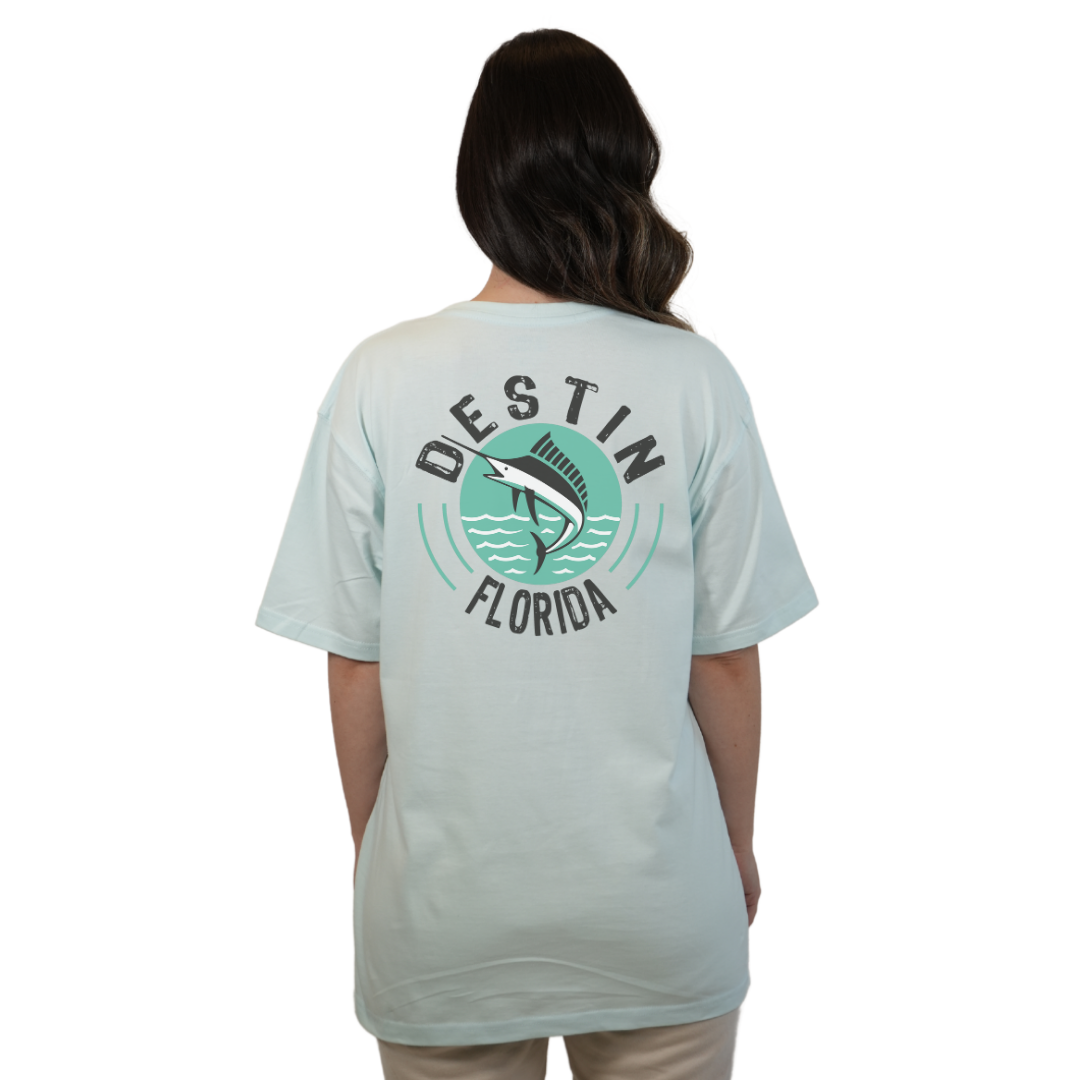 Destin Florida Combed Cotton Women T-Shirt with a Front Pocket Design and back big Marlin Design Style CC1000 T-SHIRT alvinsisland.com