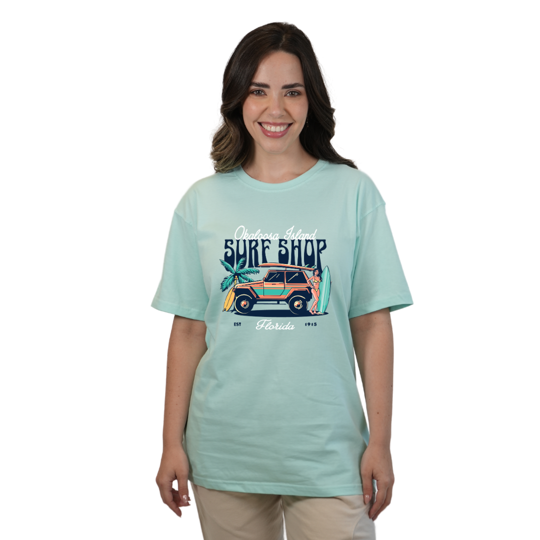 Okaloosa Island Combed Cotton T-Shirt Women with Surf Shop Front Design Style CC1000
