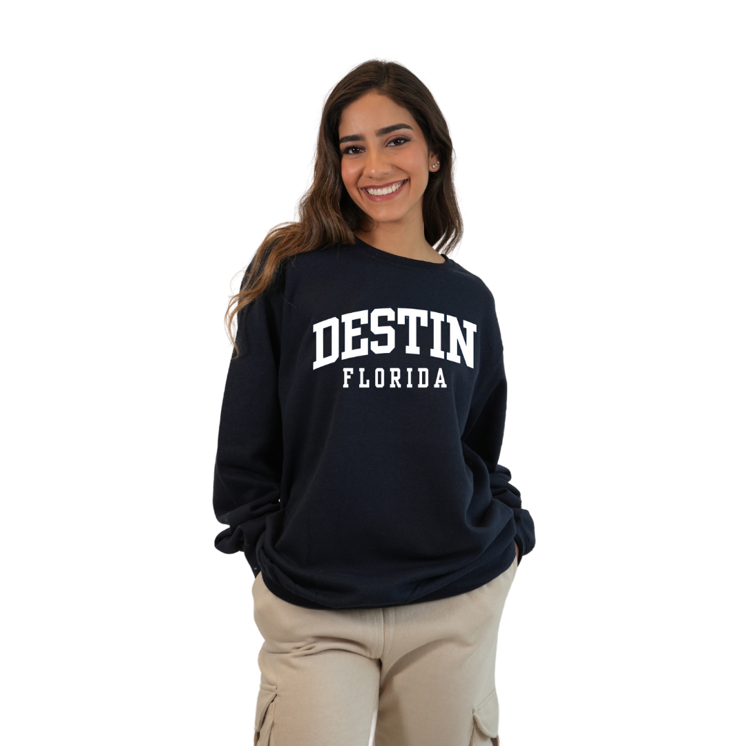 Destin Florida Fleece Crewneck Sweatshirt Women with a Destin City Name Design Style 067 SWEATSHIRT alvinsisland.com Navy S