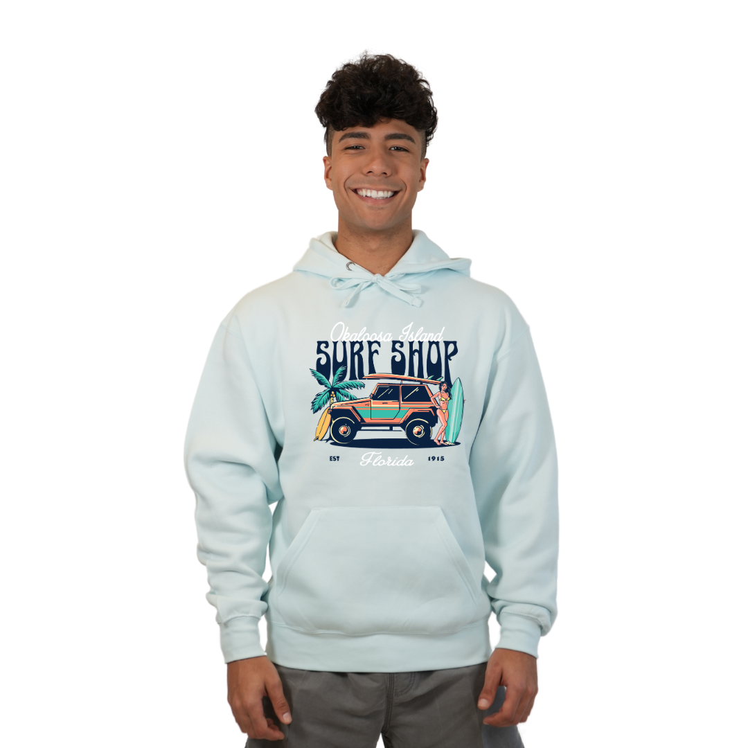 Okaloosa Island Hoodie Men with Surf Shop Front Design Style 252