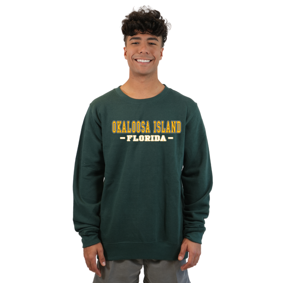 Okaloosa Island Fleece Crewneck Sweatshirt Men with Yellow City Name Front Design Style 067