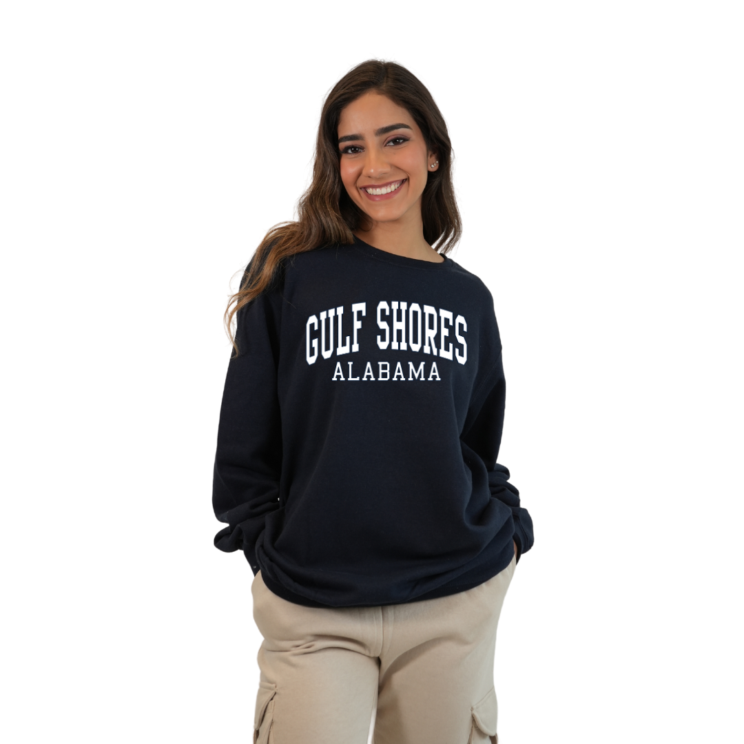 Gulf Shores Alabama Fleece Crewneck Sweatshirt Women with Big Front Letters Design Style 067