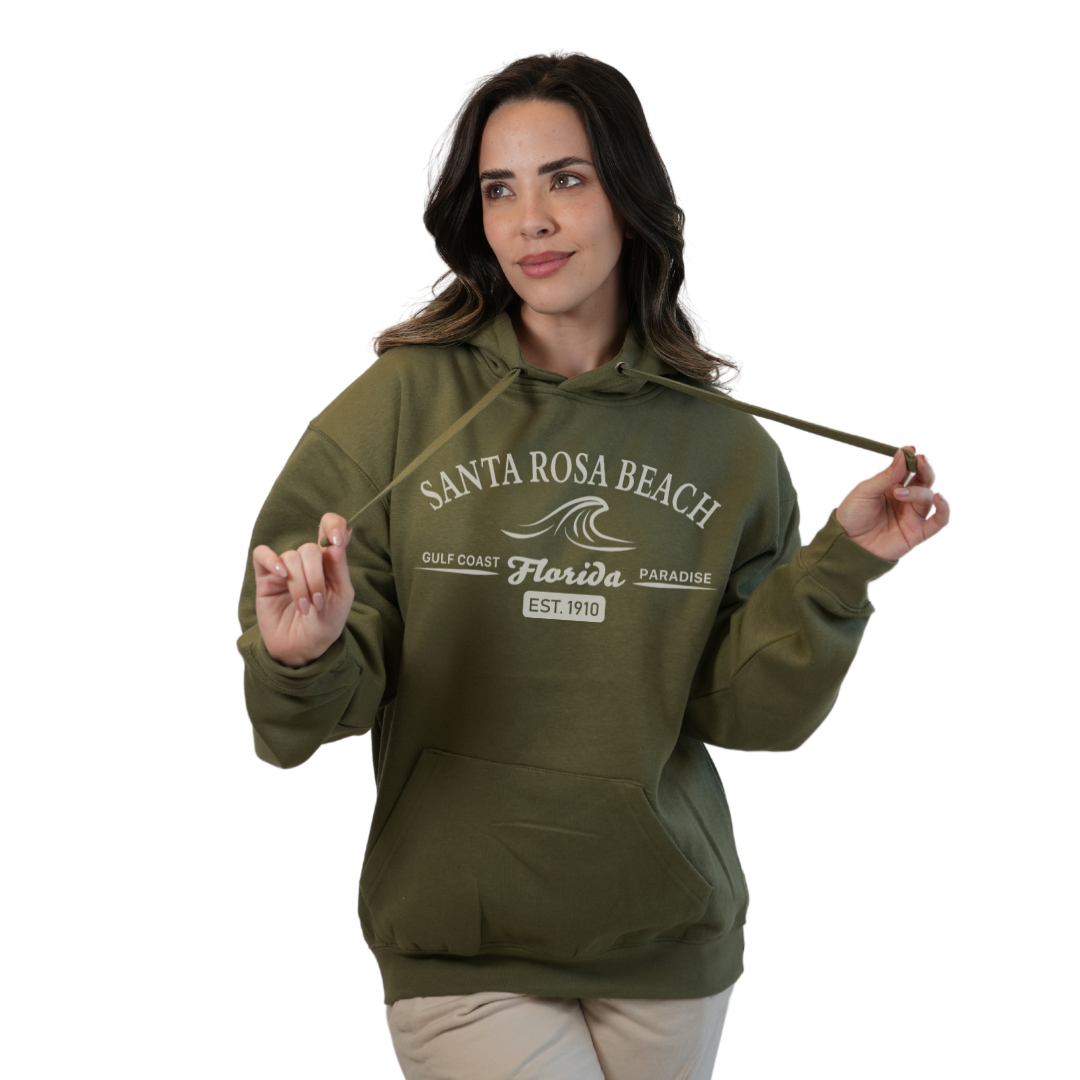 Santa Rosa Beach Pullover Hoodie Women with Big Front Florida Gulf Coast Paradise with Wave Icon Design Style 252