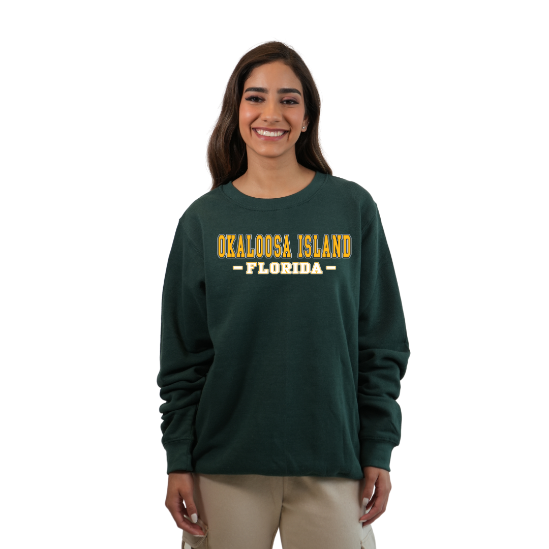 Okaloosa Island Fleece Crewneck Sweatshirt Women with Yellow City Name Front Design Style 067 SWEATSHIRT alvinsisland.com Willow S