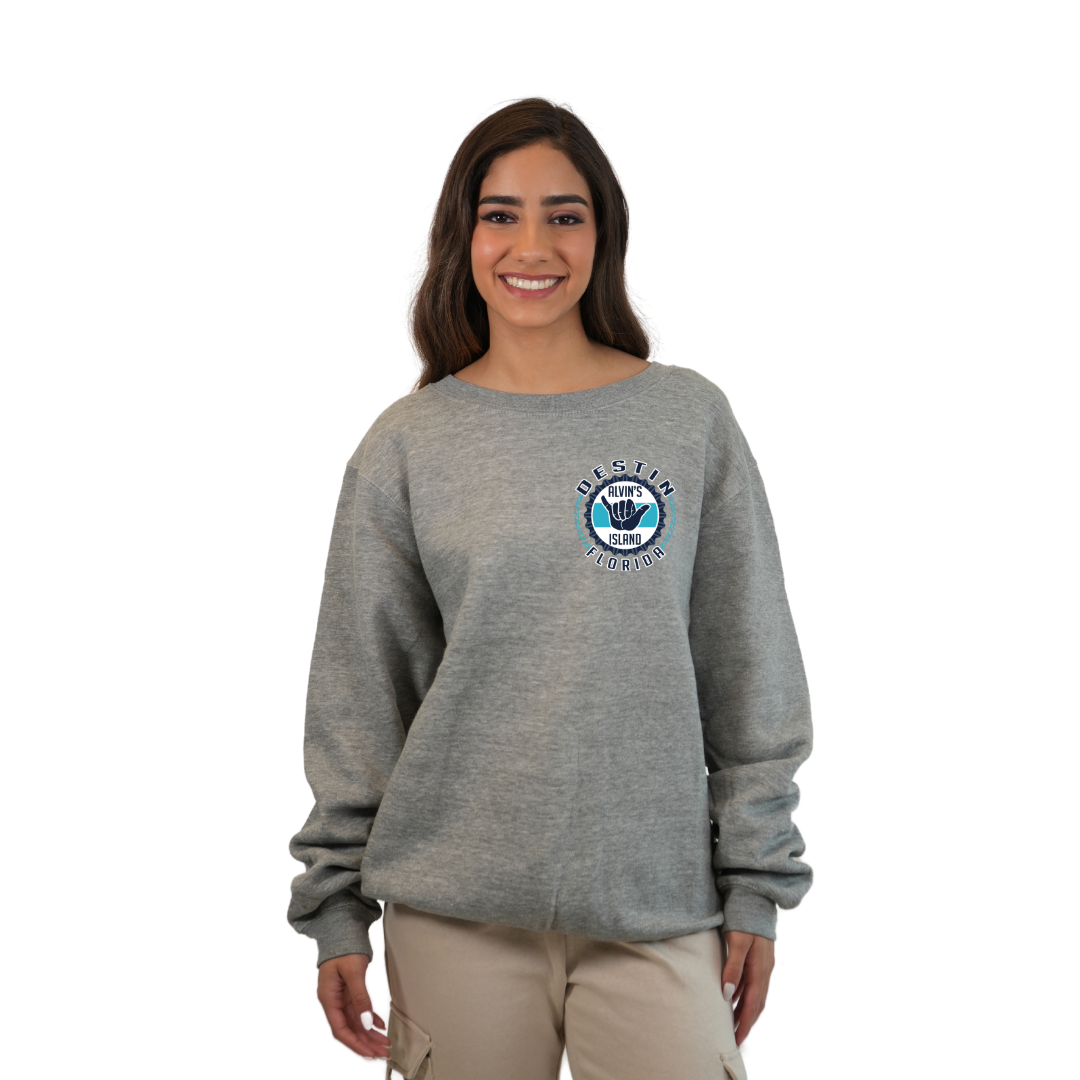 Destin Florida Fleece Crewneck Sweatshirt Women with Alvin's Island Hang Loose Front and Back Design Style 067