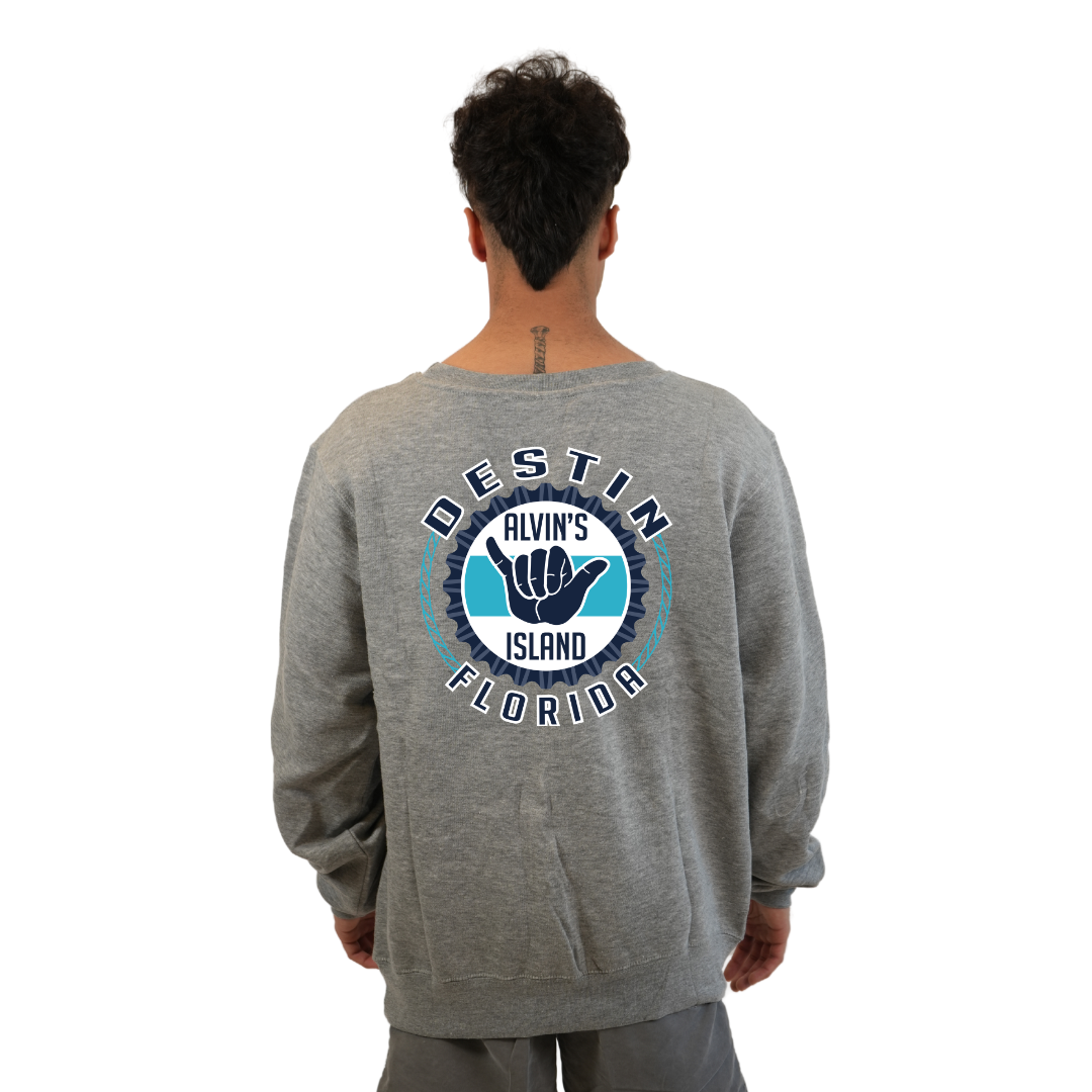 Destin Florida Fleece Crewneck Sweatshirt Men with Alvin's Island Hang Loose Front and Back Design Style 067