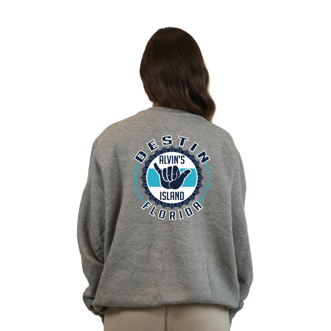 Destin Florida Fleece Crewneck Sweatshirt Women with Alvin's Island Hang Loose Front and Back Design Style 067