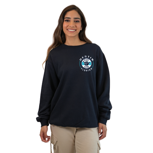 Destin Florida Fleece Crewneck Sweatshirt Women with Alvin's Island Hang Loose Front and Back Design Style 067 SWEATSHIRT alvinsisland.com Navy S