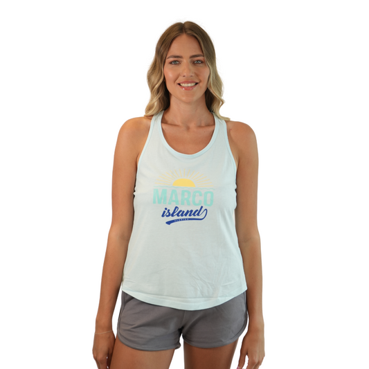 Marco Island Women Cross Racerback Tank with Sun Design Color Blue Glow Style 196 WOMEN TOP alvinsisland.com SMALL BLUE GLOW