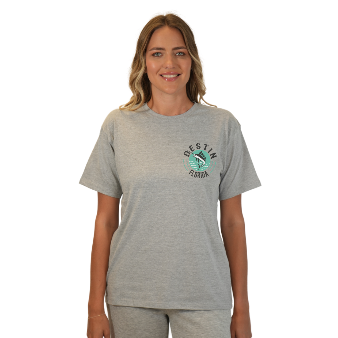 Destin Florida Combed Cotton Women T-Shirt with a Front Pocket Design and back big Marlin Design Style CC1000 T-SHIRT alvinsisland.com SMALL HEA GREY