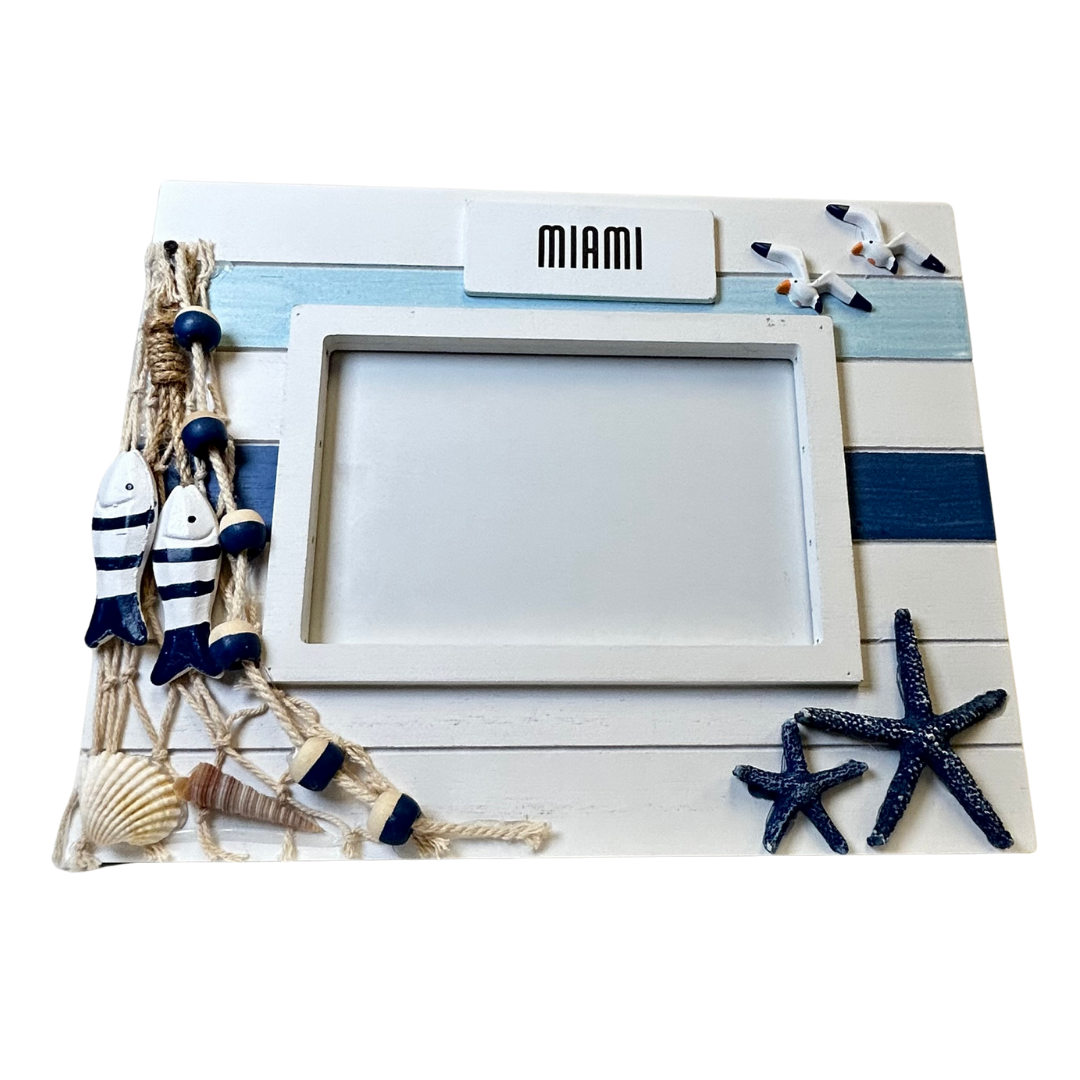 Miami Frame Wood W/Decor Net/Starfish/Seagulls 4*6 souvenirs alvinsisland.com