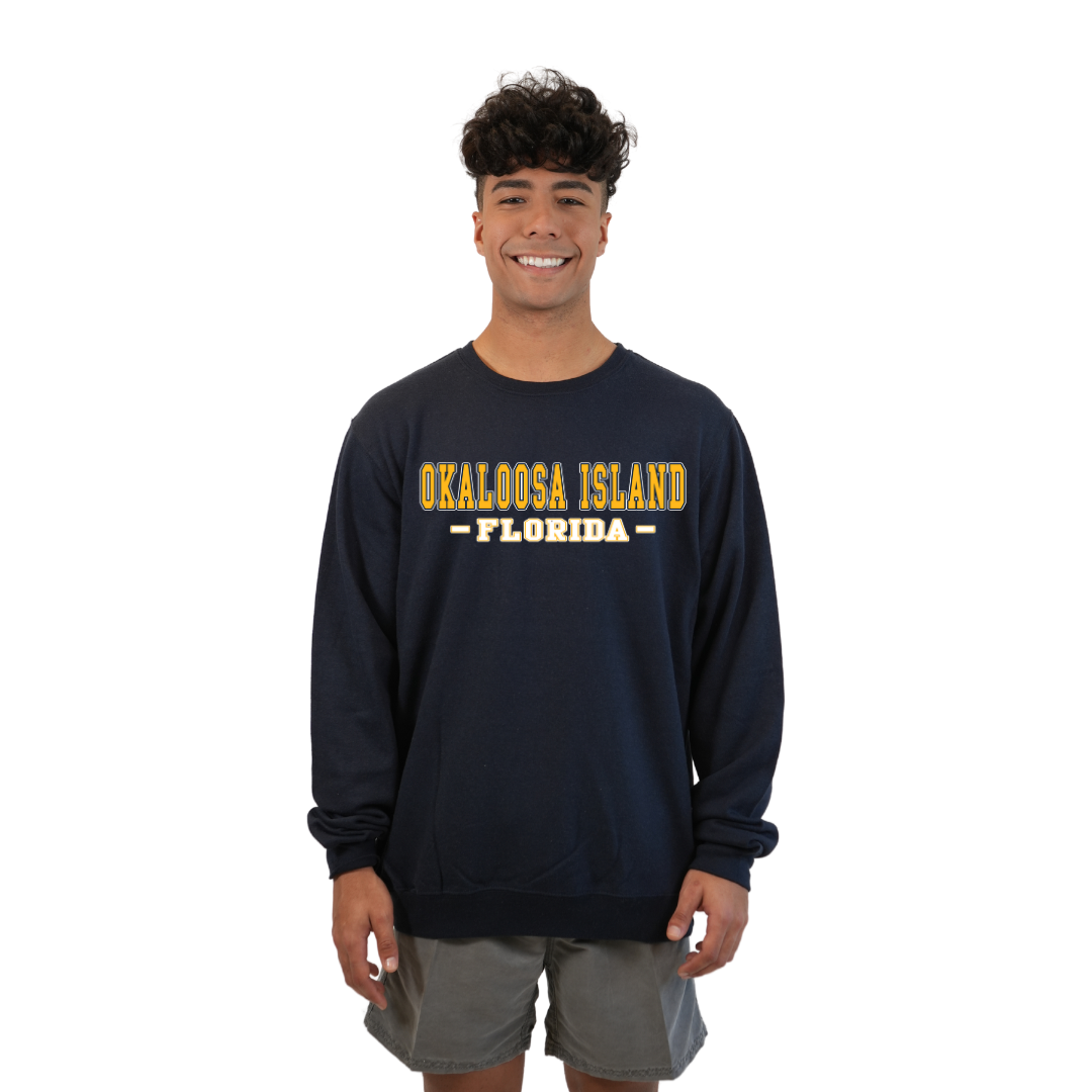 Okaloosa Island Fleece Crewneck Sweatshirt Men with Yellow City Name Front Design Style 067