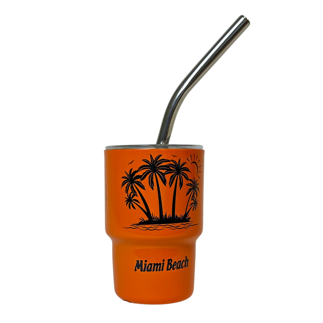 Miami Palmtree 3oz.Mini/Tumbler 5ast With Straw Stainless Steel, Orange souvenirs alvinsisland.com