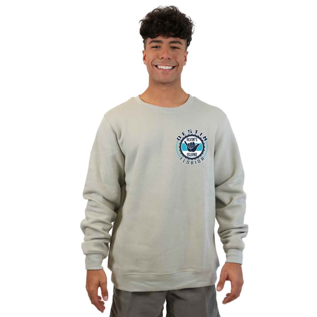 Destin Florida Fleece Crewneck Sweatshirt Men with Alvin's Island Hang Loose Front and Back Design Style 067