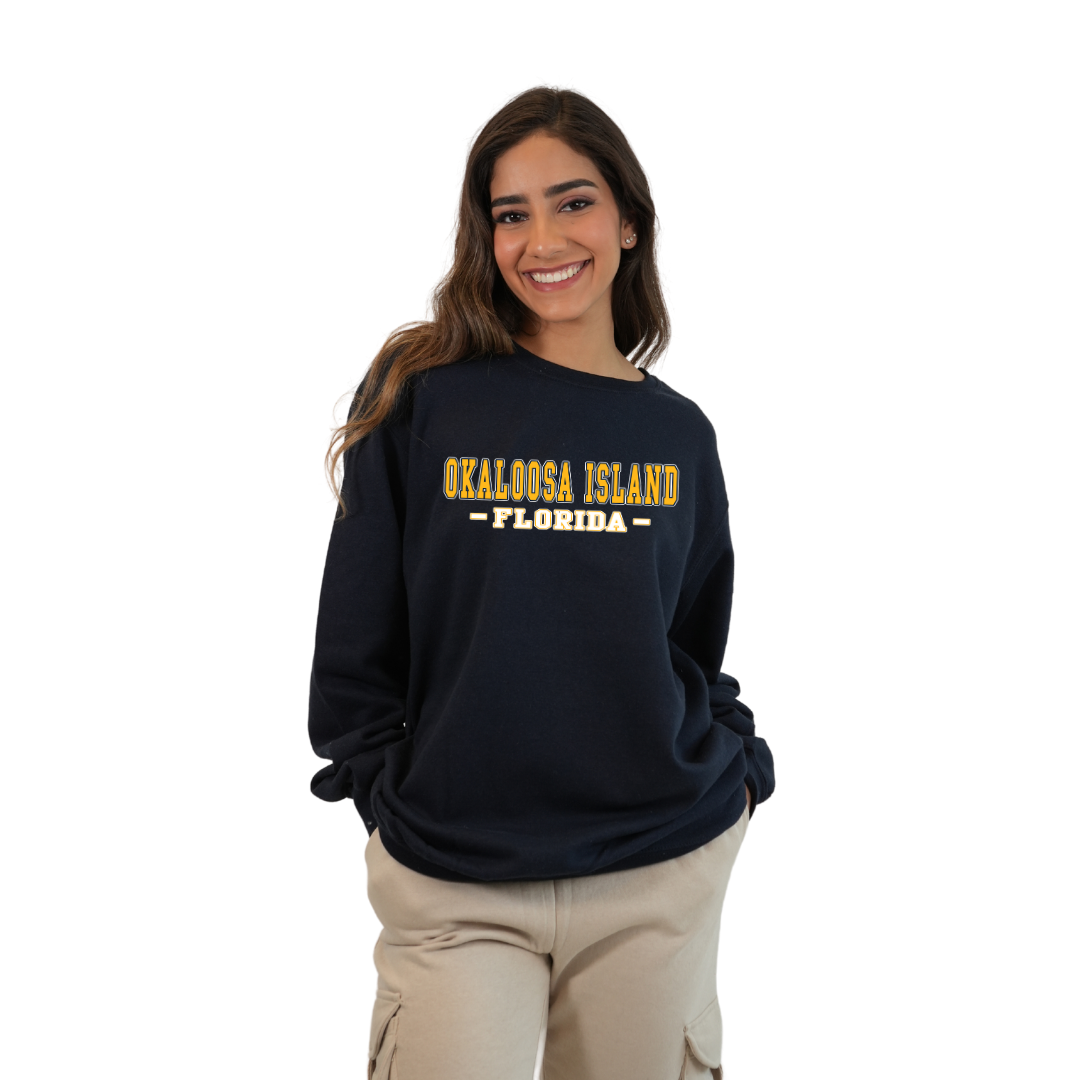Okaloosa Island Fleece Crewneck Sweatshirt Women with Yellow City Name Front Design Style 067 SWEATSHIRT alvinsisland.com Navy S