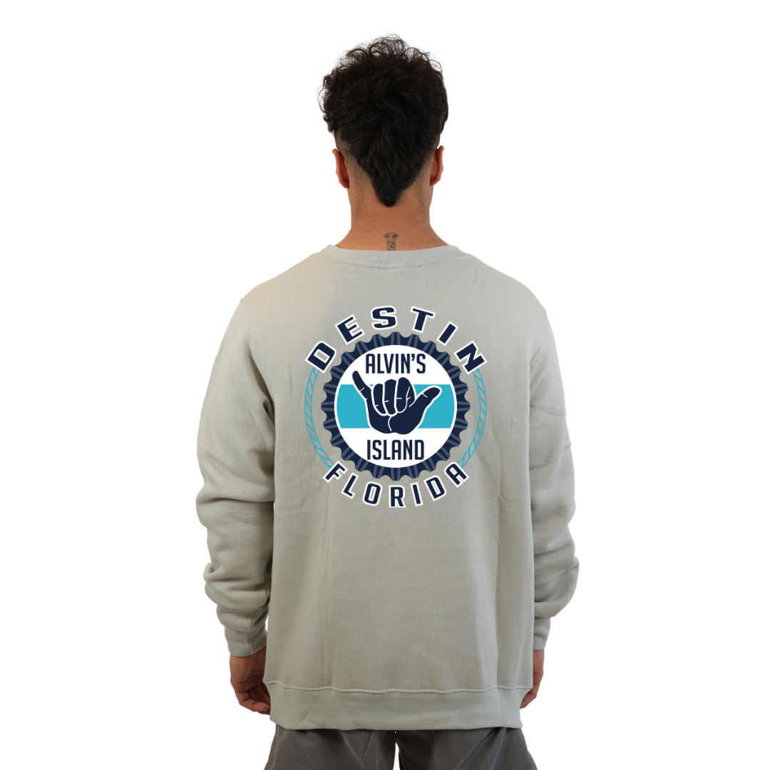 Destin Florida Fleece Crewneck Sweatshirt Men with Alvin's Island Hang Loose Front and Back Design Style 067