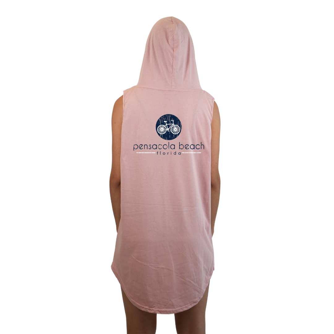 Pensacola Beach Women Sleeveless Cover Up Hoodie with a Front bycicle pocket design and back big Bycicle Design Style 263