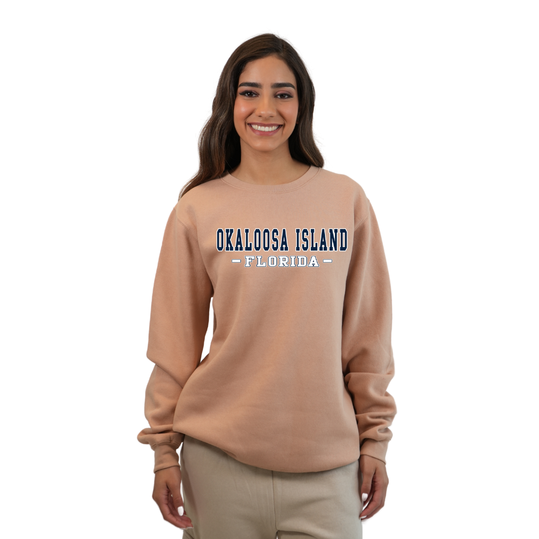 Okaloosa Island Fleece Crewneck Sweatshirt Women with Navy City Name Design Style 067 SWEATSHIRT alvinsisland.com Nude S