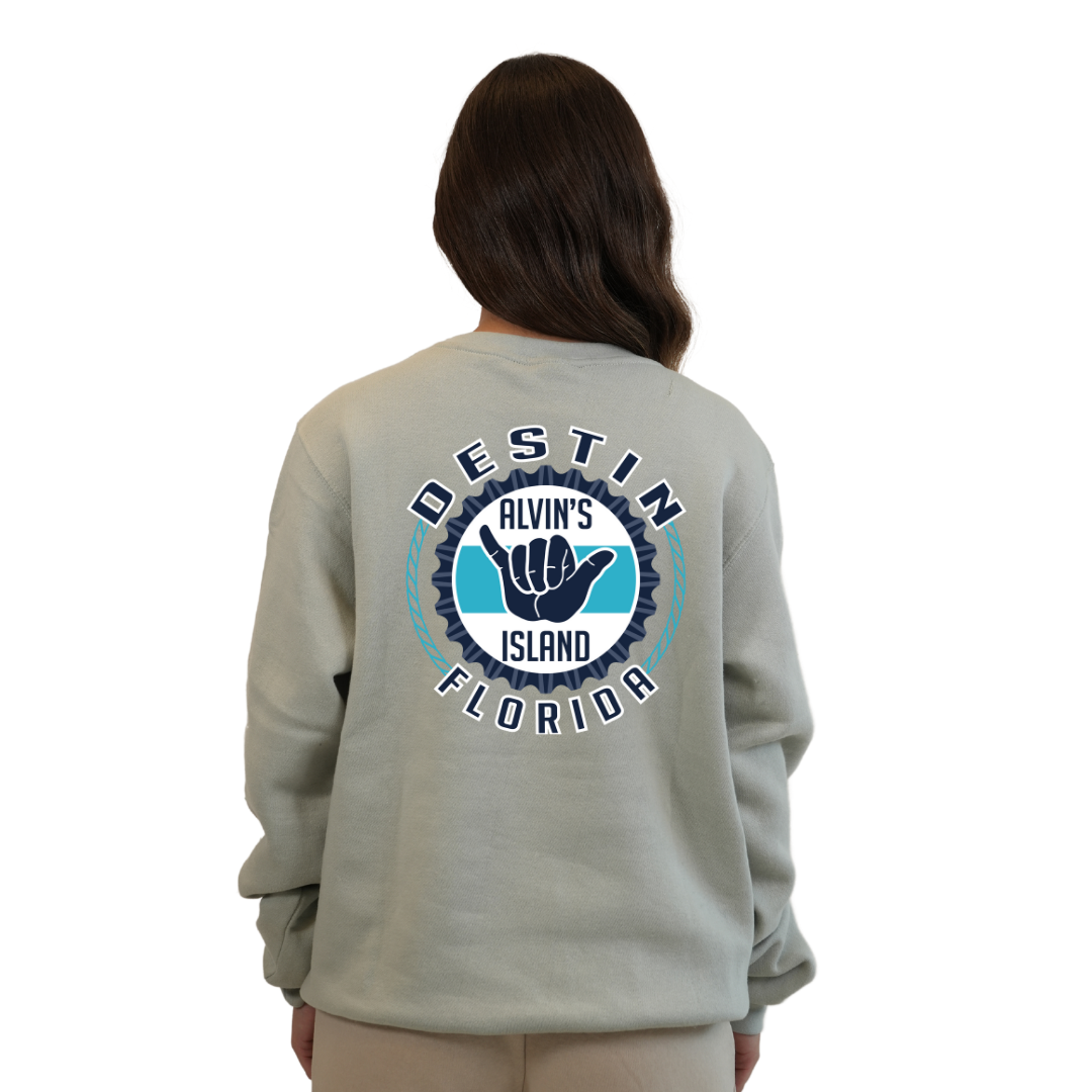 Destin Florida Fleece Crewneck Sweatshirt Women with Alvin's Island Hang Loose Front and Back Design Style 067