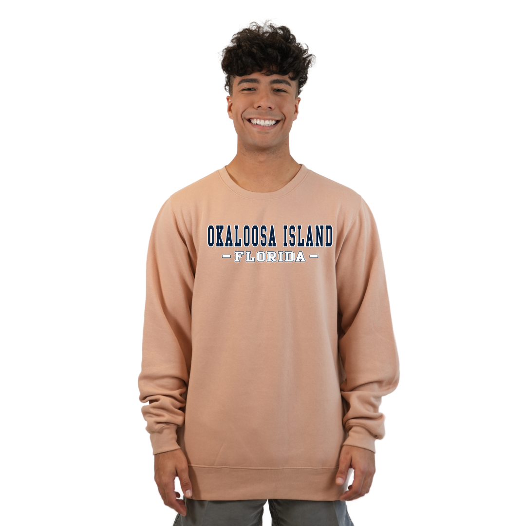 Okaloosa Island Fleece Crewneck Sweatshirt Men with Navy City Name Design Style 067