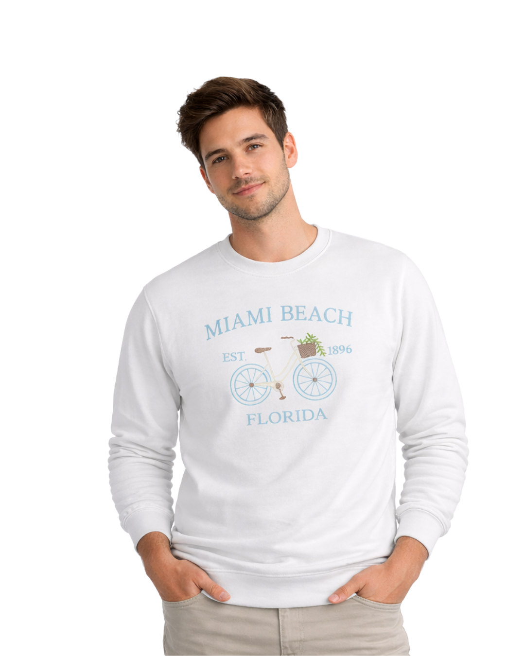 Miami Beach, FL Embroidered Men’s Crewneck crewneck alvinsisland.com S White