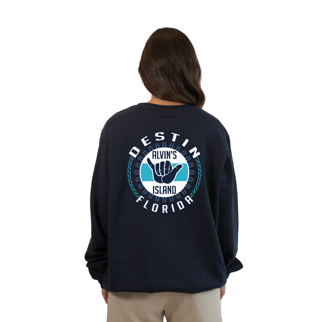 Destin Florida Fleece Crewneck Sweatshirt Women with Alvin's Island Hang Loose Front and Back Design Style 067