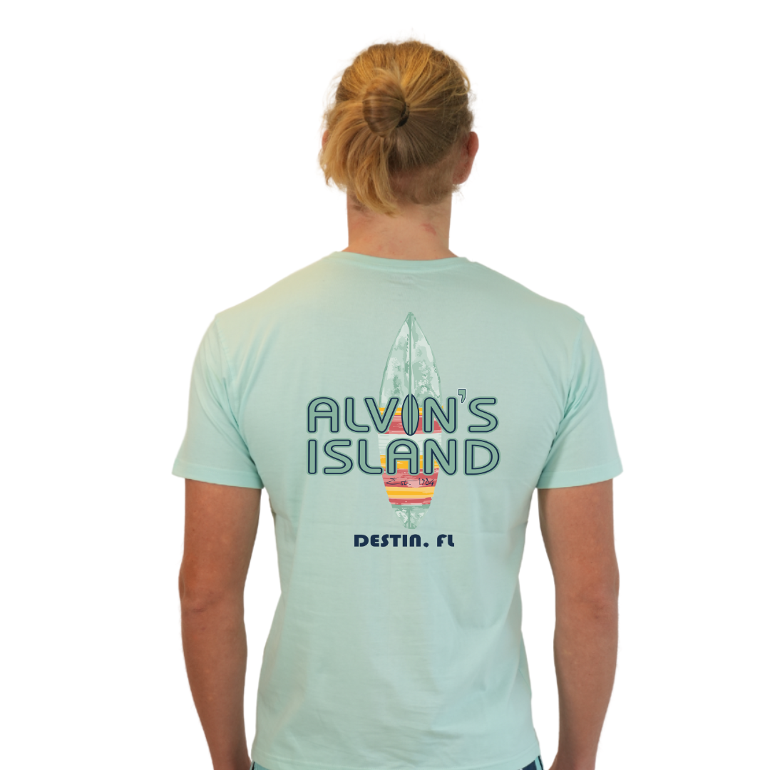 Destin Combed Cotton Men T-Shirt with a Alvin's island Surf Board Design Style CC1000