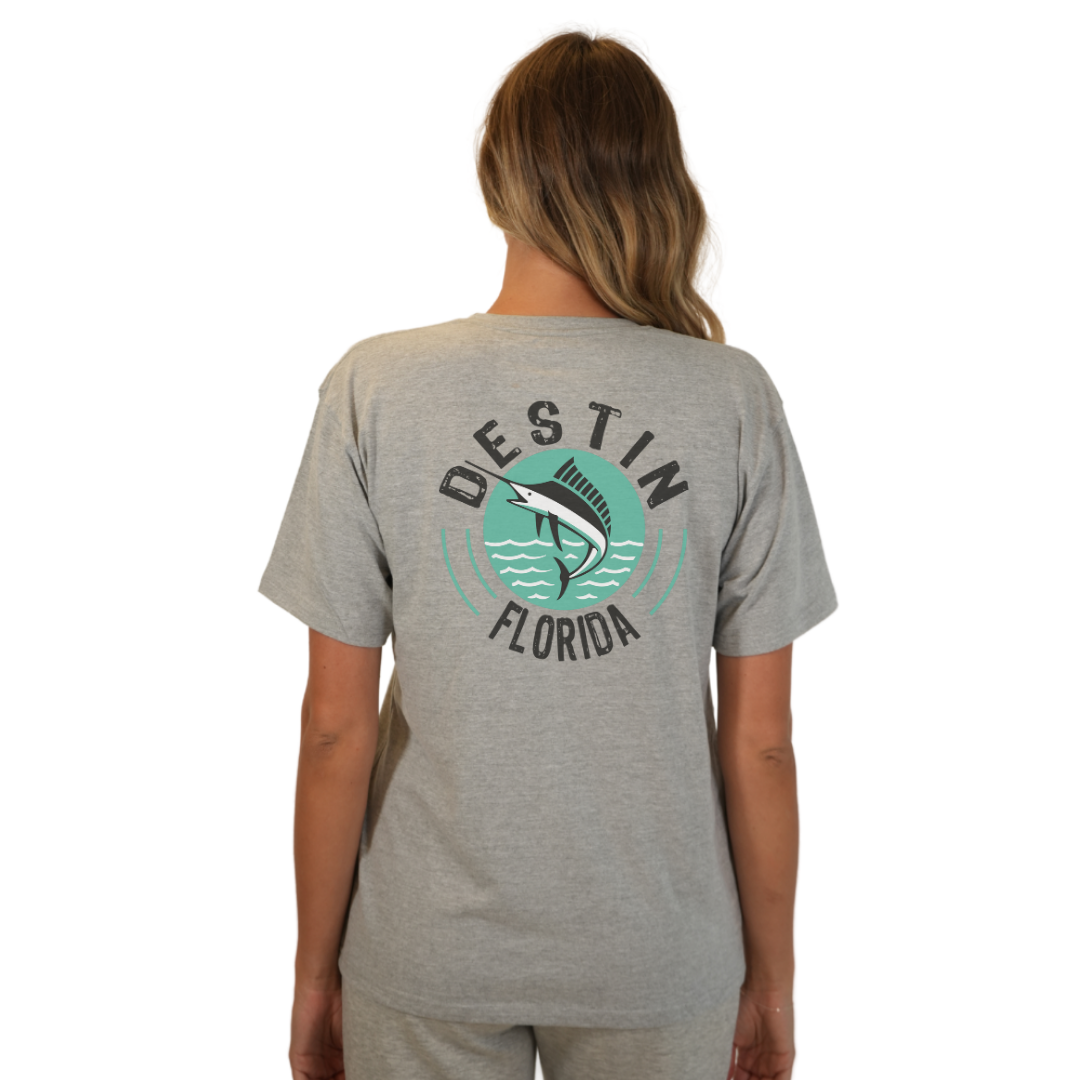 Destin Florida Combed Cotton Women T-Shirt with a Front Pocket Design and back big Marlin Design Style CC1000 T-SHIRT alvinsisland.com