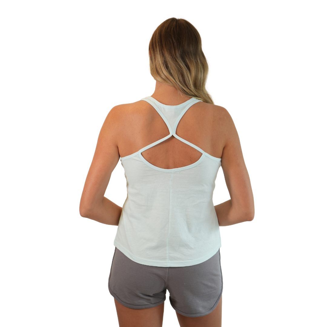 Marco Island Women Cross Racerback Tank with Sun Design Color Blue Glow Style 196