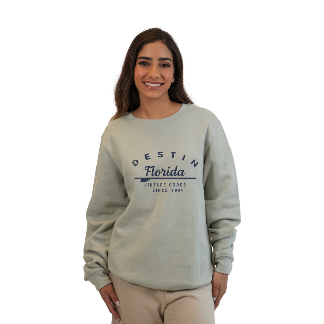 Destin Florida Fleece Crewneck Sweatshirt Women with a Front Arrow Vintage Goods Since 1984 Design Style 067