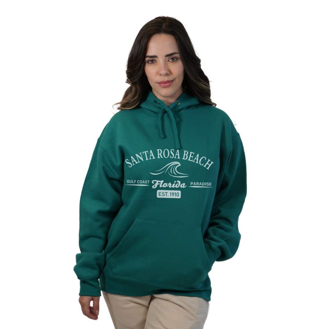 alvinsisland Santa Rosa Beach Pullover Hoodie Women with Big Front Florida Gulf Coast Paradise with Wave Icon Design Style 252 Small River Green