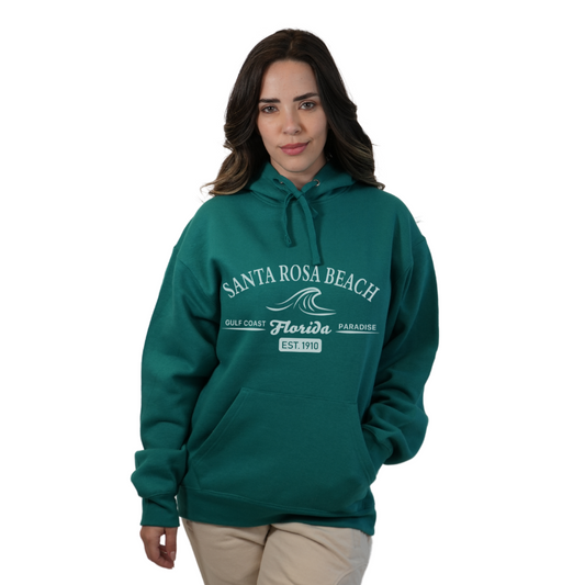 Santa Rosa Beach Pullover Hoodie Women with Big Front Florida Gulf Coast Paradise with Wave Icon Design Style 252 HOODIES alvinsisland.com SMALL RIVER GREEN