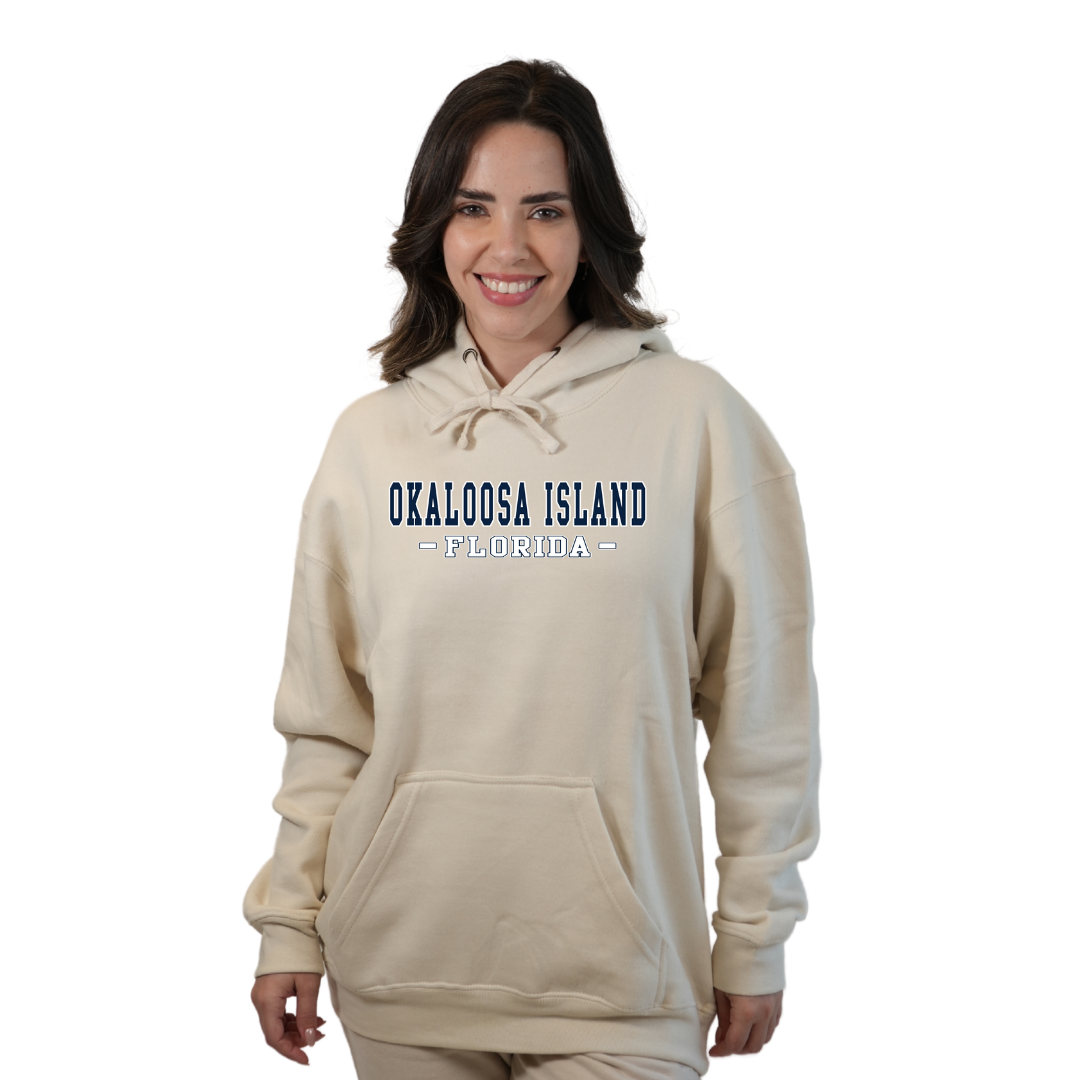 Okaloosa Island Hoodie Women with Navy City Name Front Design Style 252 HOODIES alvinsisland.com Oyster S