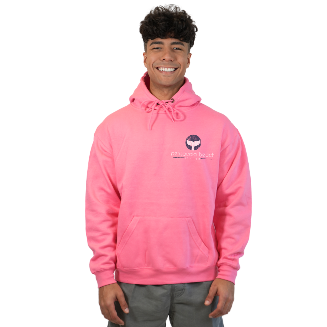 Pensacola Beach Pullover Hoodie Men with front Whale Tale pocket design and back big Whale Tale Design Style 252