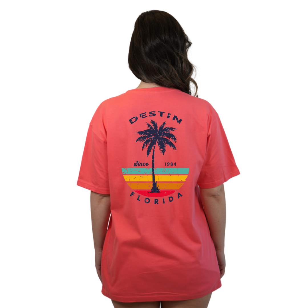 Destin Palm Tree/ Stripes Combed/Cotton Women T-Shirt Style Cc1000
