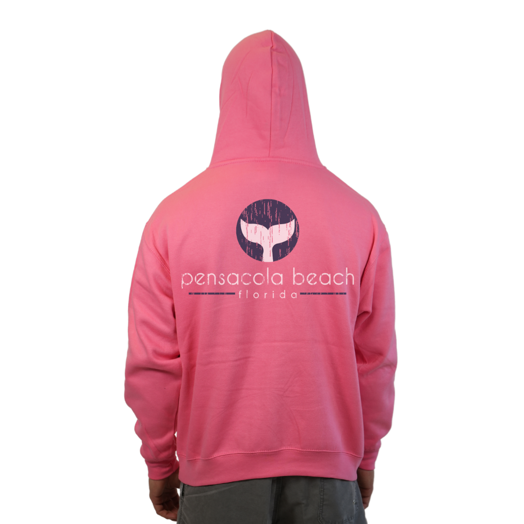 Pensacola Beach Pullover Hoodie Men with front Whale Tale pocket design and back big Whale Tale Design Style 252