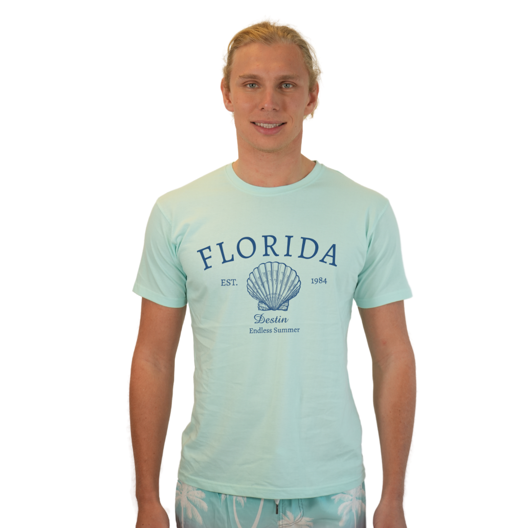 Destin Combed Cotton Men T-Shirt with a Front Florida Shell Endless Summer Design Style CC1000 T-SHIRT alvinsisland.com S SEAFOAM