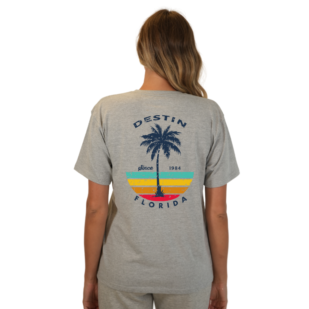 Destin Palm Tree/ Stripes Combed/Cotton Women T-Shirt Style Cc1000