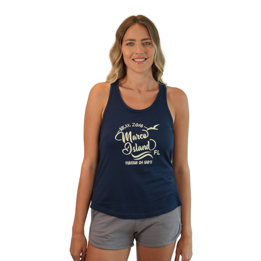 Marco Island Women Cross Racerback Tank with Relax Zone Paradise in Earth Design Color Midnight Navy Style 196 WOMEN TOP alvinsisland.com SMALL MIDNIGHT NAVY