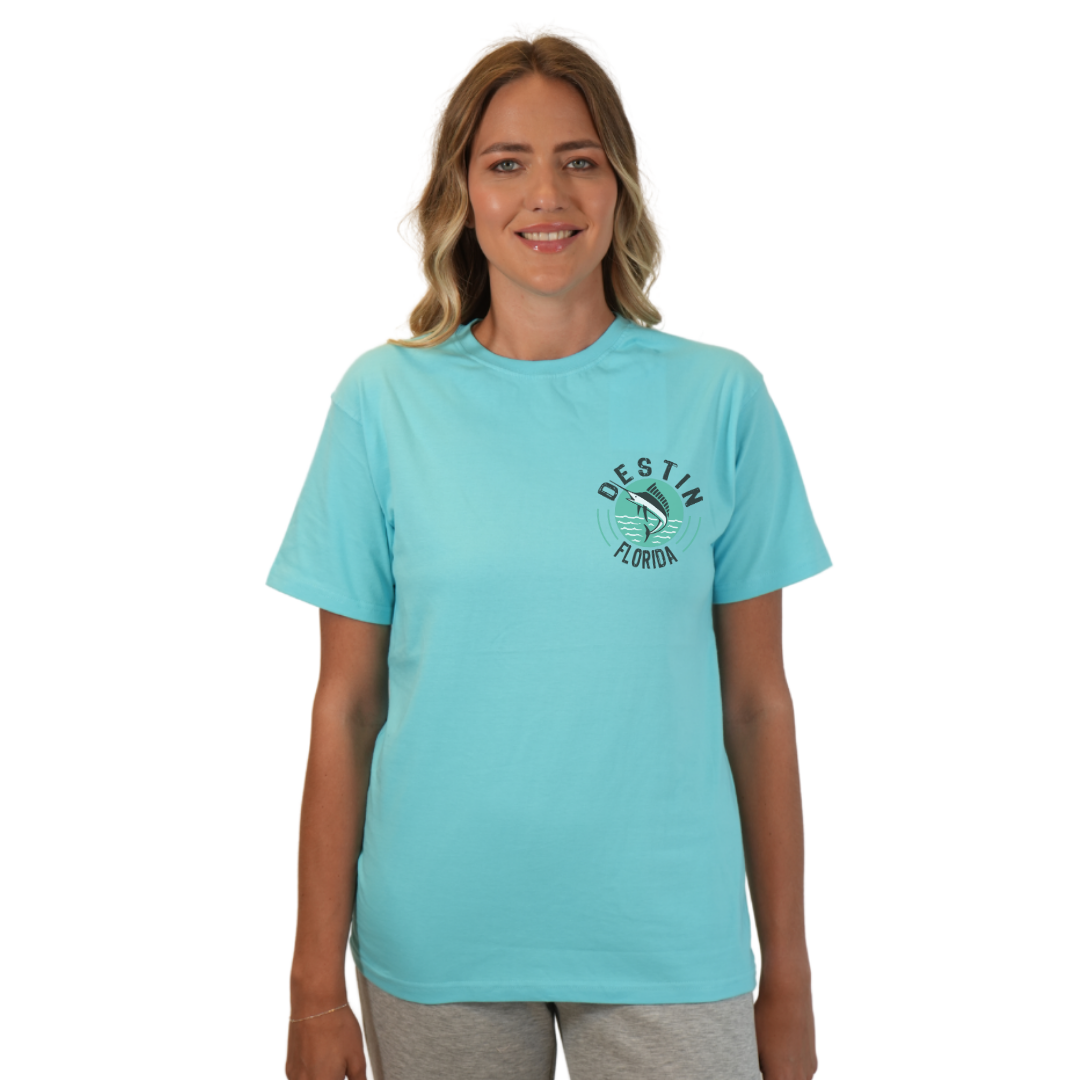 Destin Florida Combed Cotton Women T-Shirt with a Front Pocket Design and back big Marlin Design Style CC1000 T-SHIRT alvinsisland.com SMALL LAGOON