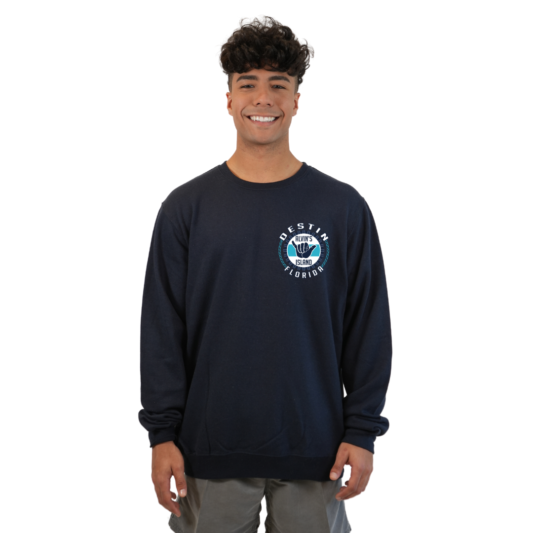 Destin Florida Fleece Crewneck Sweatshirt Men with Alvin's Island Hang Loose Front and Back Design Style 067