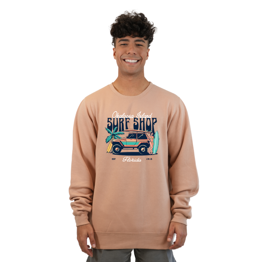 Okaloosa Island Fleece Crewneck Sweatshirt Men with Surf Shop Front Design Style 067