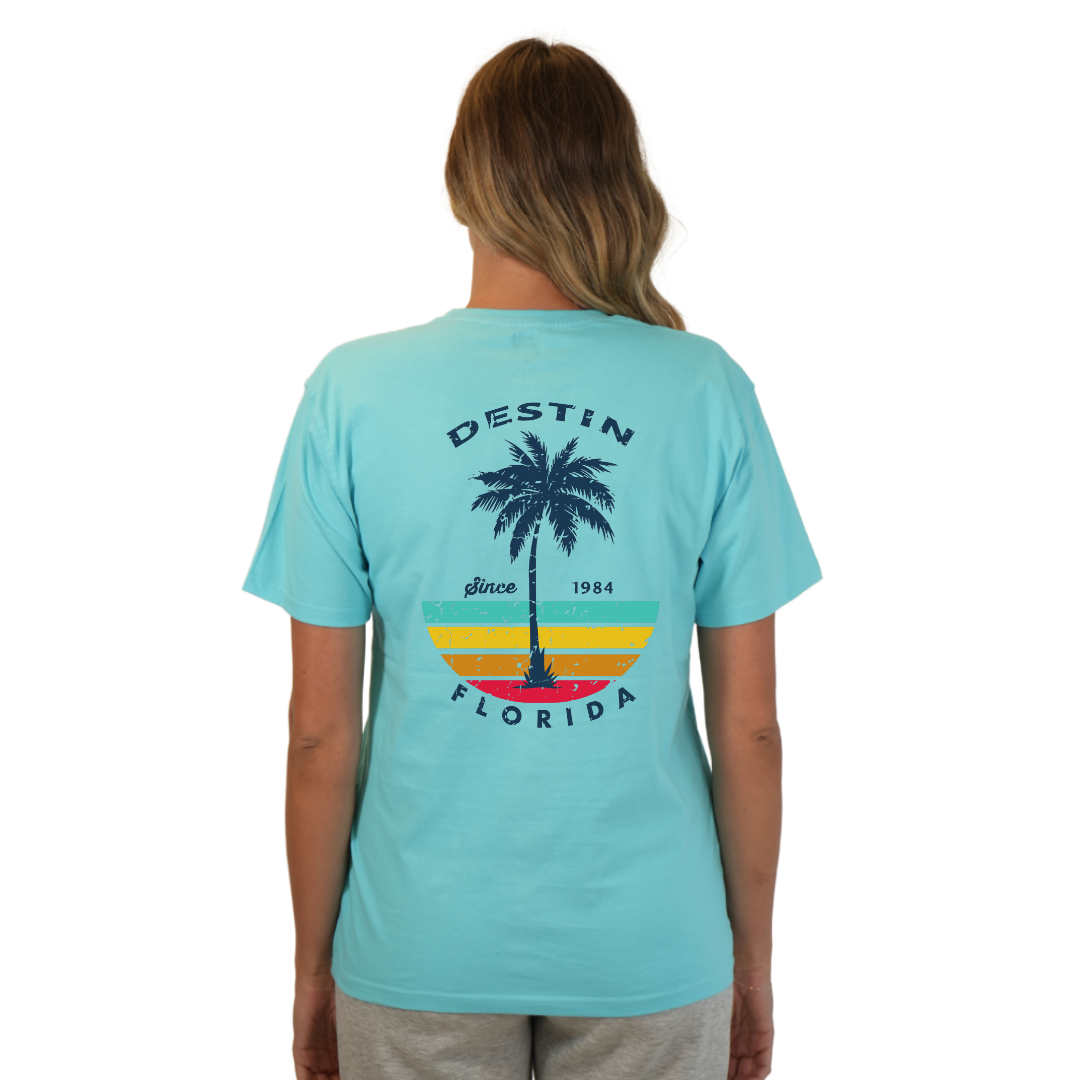 Destin Palm Tree/ Stripes Combed/Cotton Women T-Shirt Style Cc1000