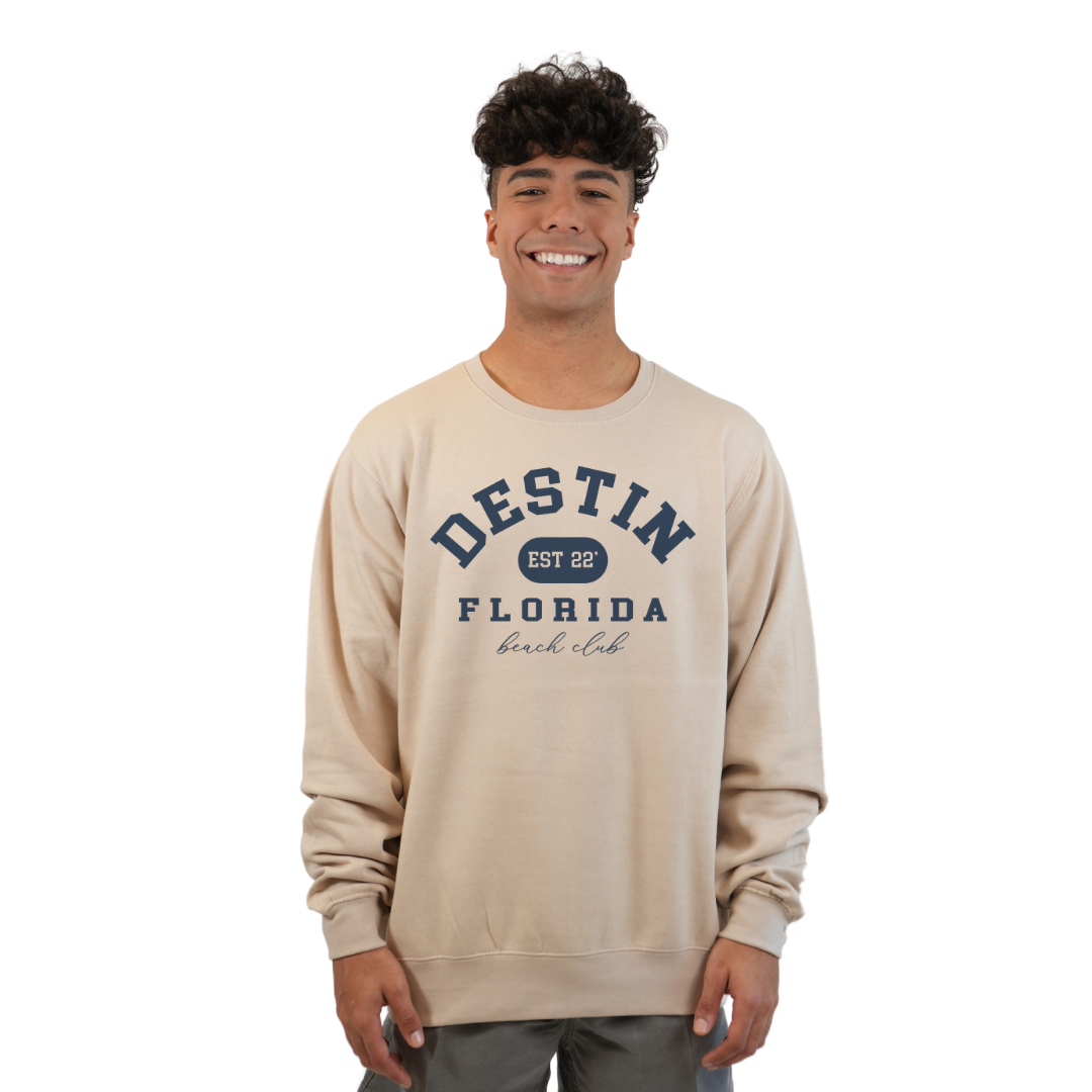 Destin Fl. Fleece Crewneck Sweatshirt Men with a Front Destin Est 22 Florida Beach Club Design Style 067 SWEATSHIRT alvinsisland.com Oyster S