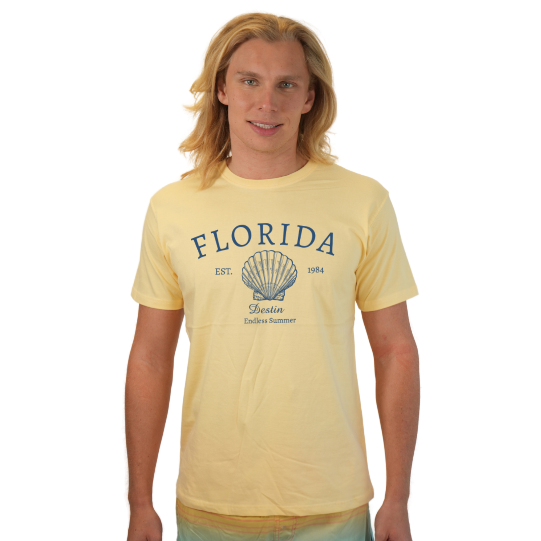 Destin Combed Cotton Men T-Shirt with a Front Florida Shell Endless Summer Design Style CC1000 T-SHIRT alvinsisland.com S SOFT YELLOW