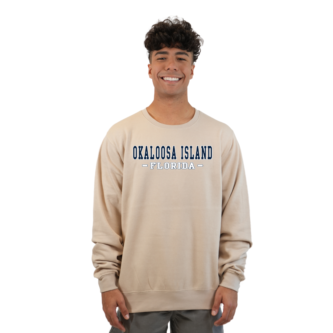 Okaloosa Island Fleece Crewneck Sweatshirt Men with Navy City Name Design Style 067