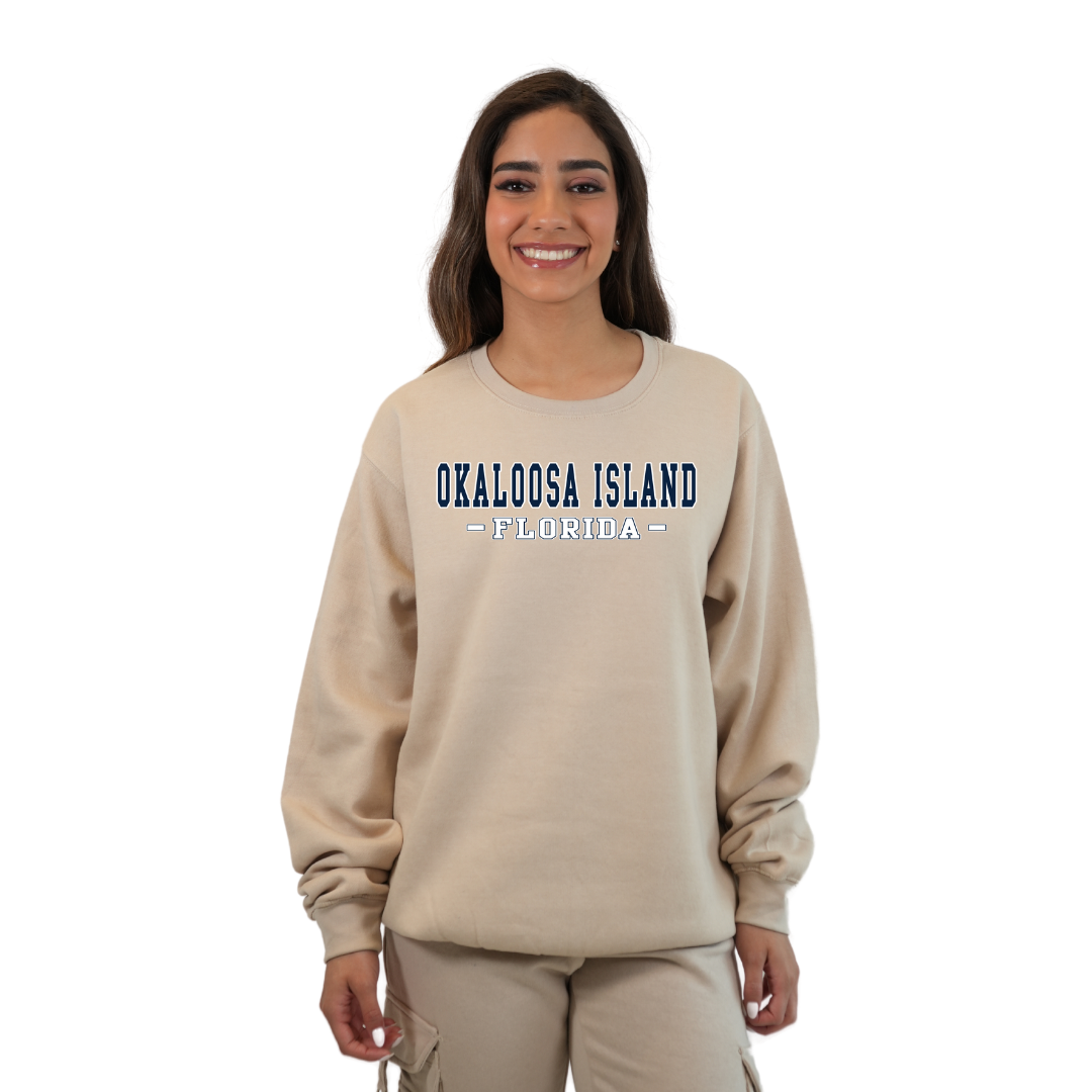Okaloosa Island Fleece Crewneck Sweatshirt Women with Navy City Name Design Style 067 SWEATSHIRT alvinsisland.com Oyster S