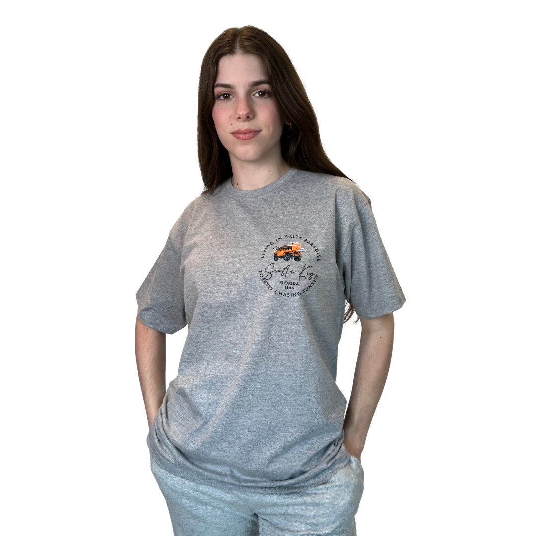 Siesta Key, Fl Living in Salty Paradise Forever chasing Sunsets Design Style CC1000 T-SHIRT alvinsisland.com Hea. grey S