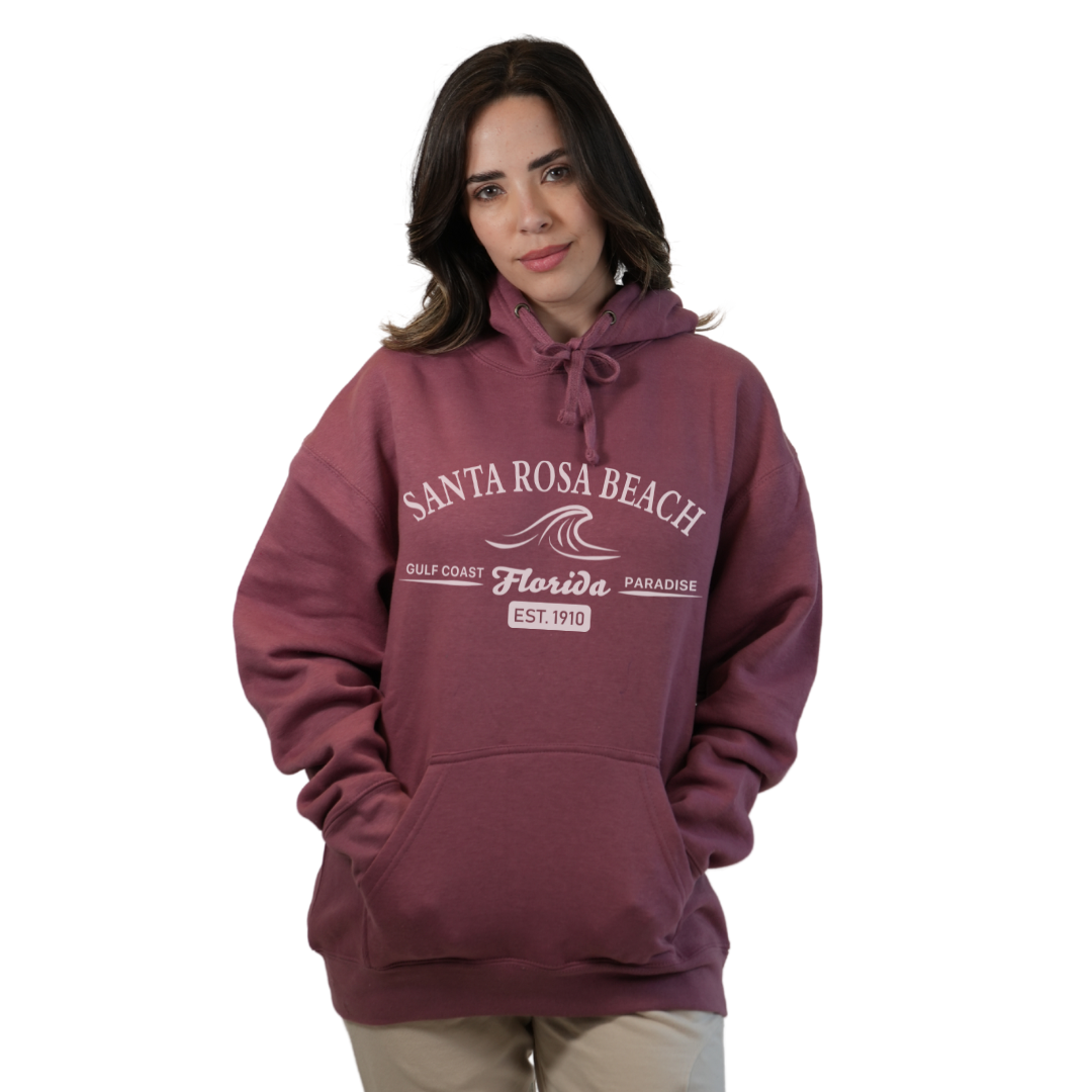 Santa Rosa Beach Pullover Hoodie Women with Big Front Florida Gulf Coast Paradise with Wave Icon Design Style 252