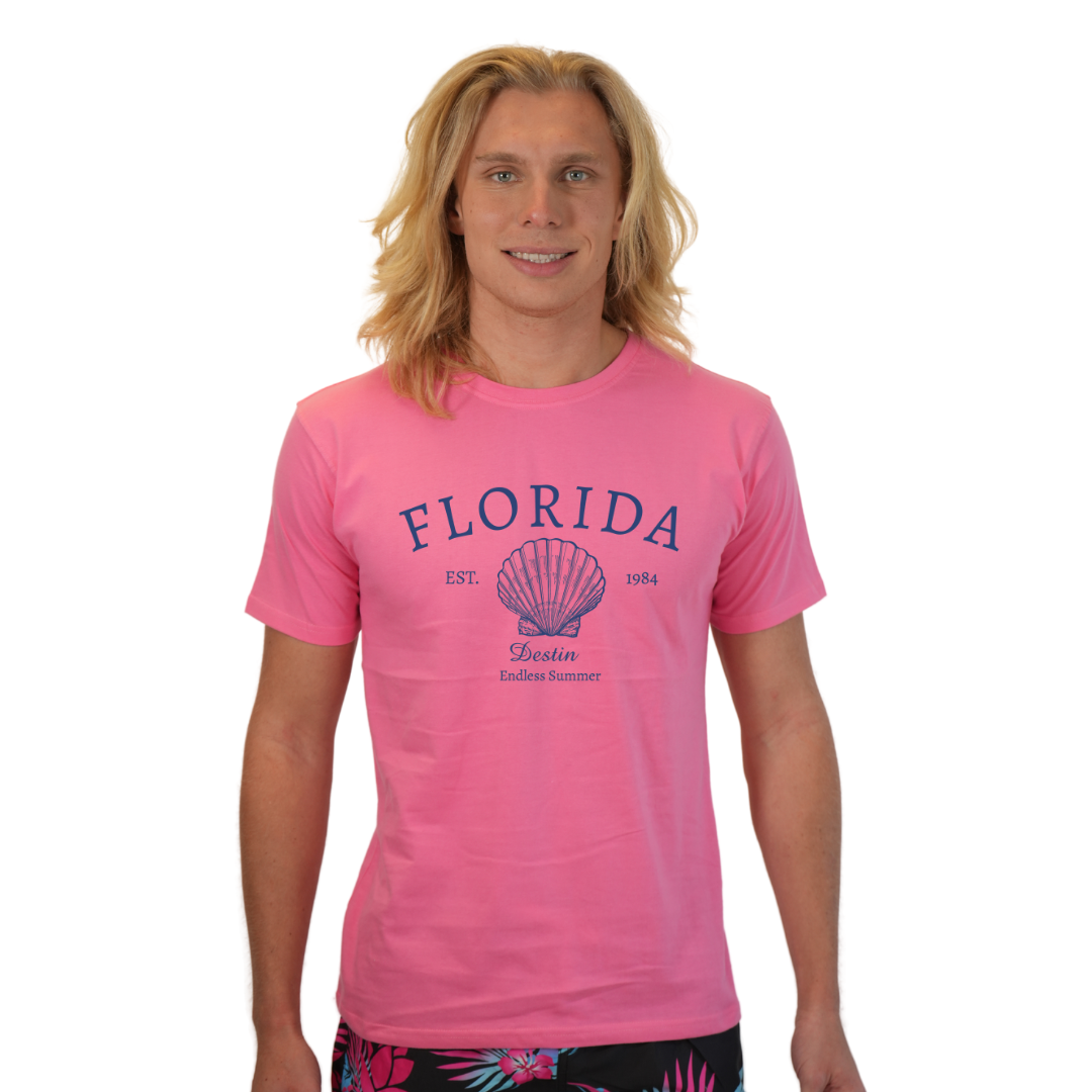 Destin Combed Cotton Men T-Shirt with a Front Florida Shell Endless Summer Design Style CC1000 T-SHIRT alvinsisland.com S FLAMINGO PINK